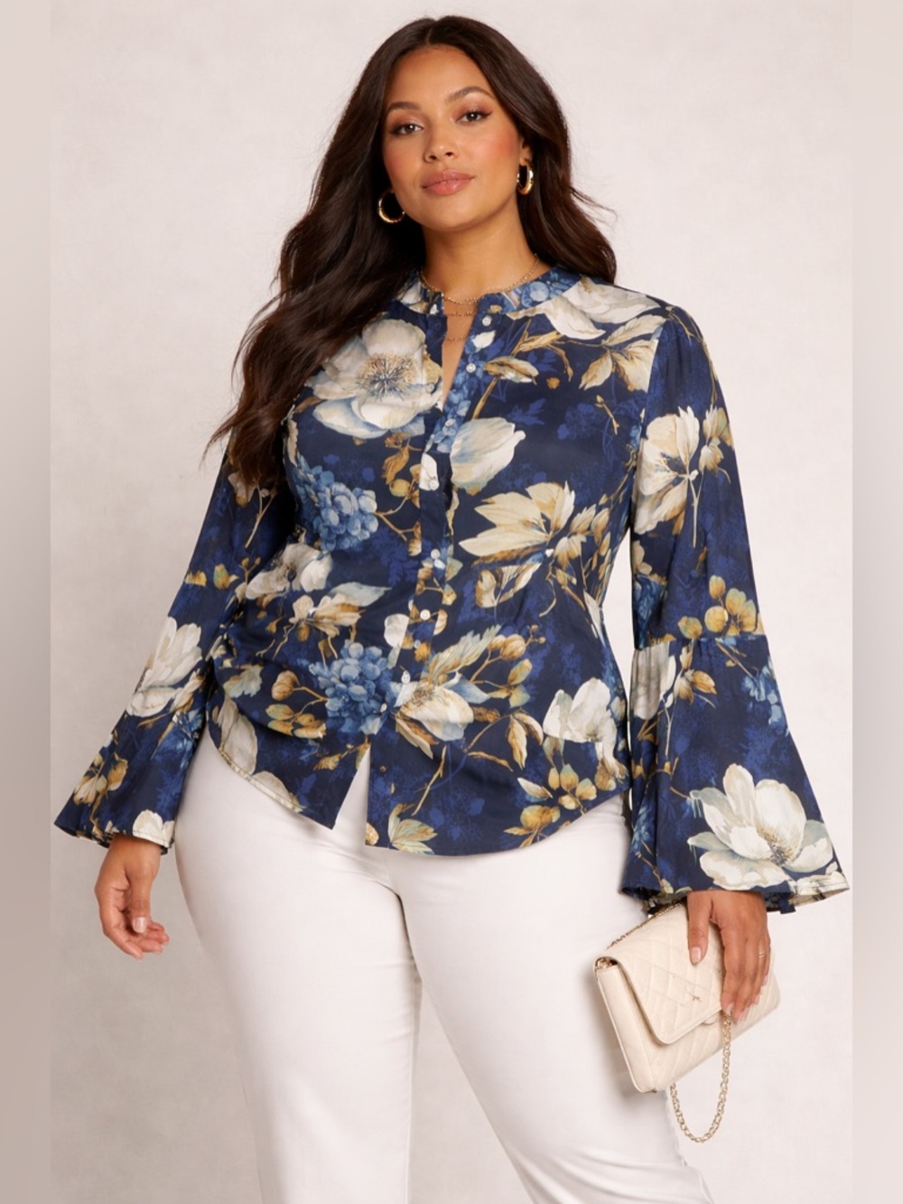True Destiny Navy Floral Button-Front Blouse with Bell Sleeves Ptp   22”